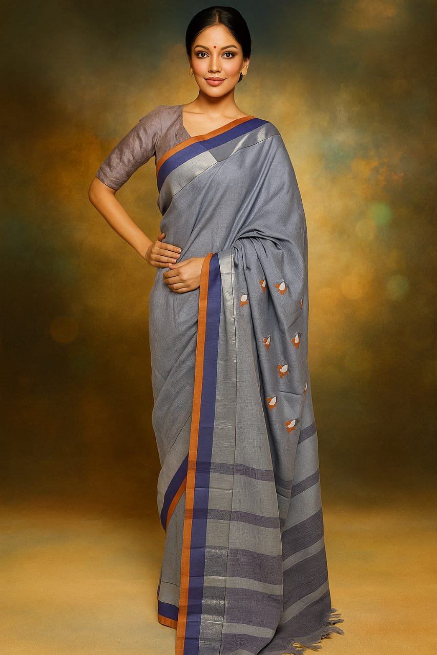 Elegant Grey Cotton Silk Saree with Embroidered Pallu image 1