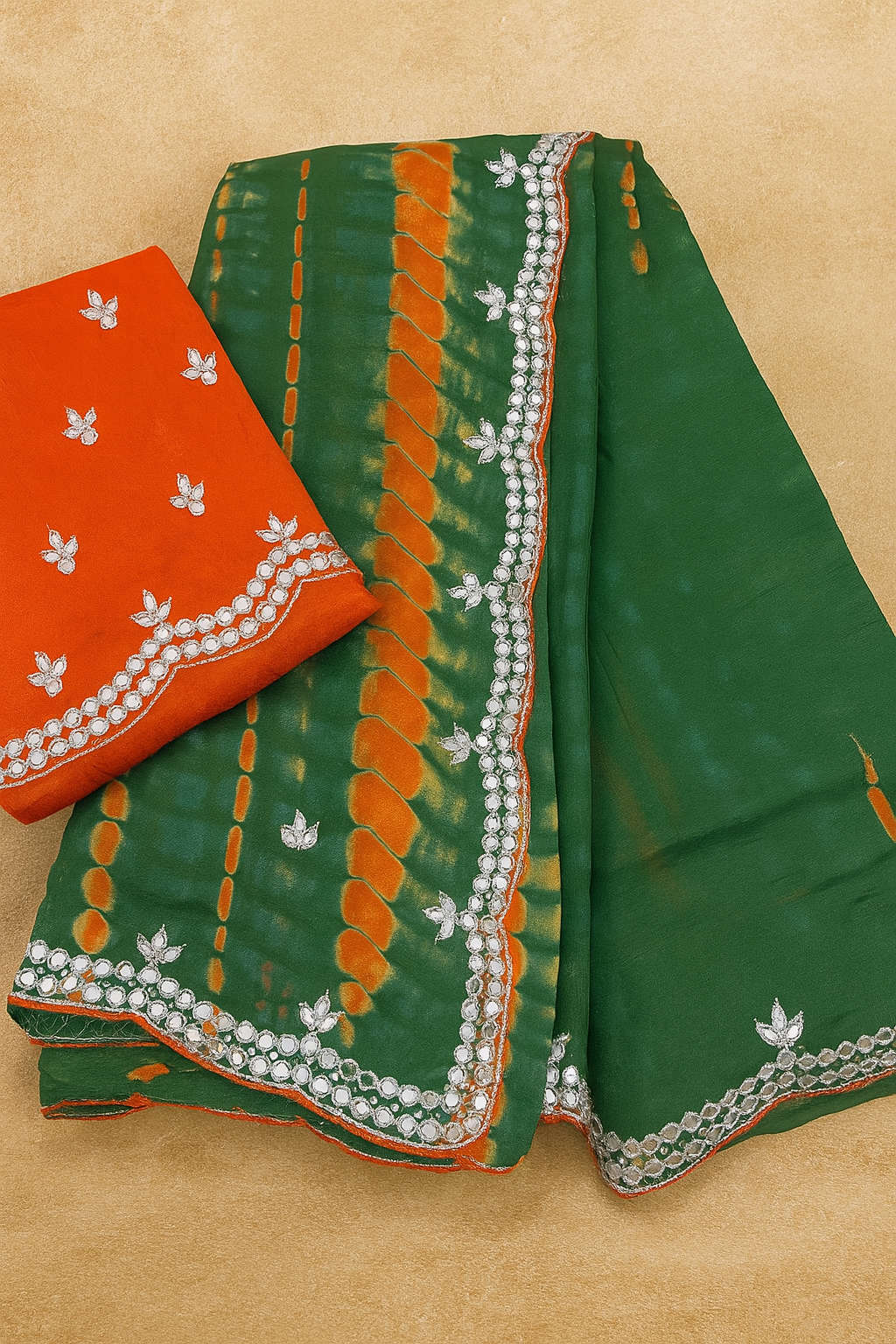 Vibrant Orange &amp;amp; Green Bandhej Mirror Work Saree image 1