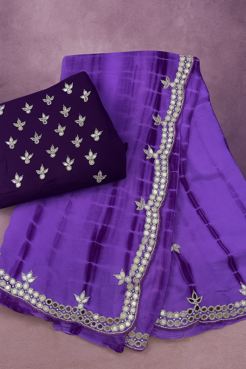 Vibrant Orange &amp;amp; Green Bandhej Mirror Work Saree image 2