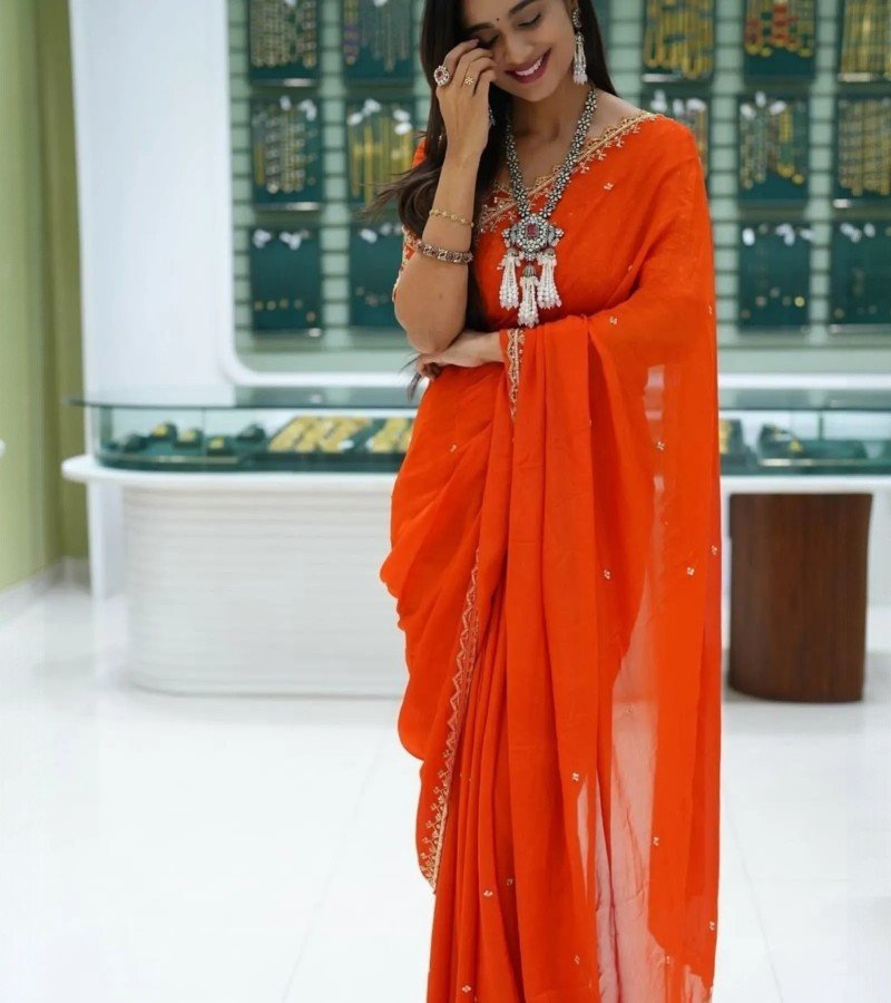 Classic Flame Orange Georgette Saree with Delicate Embellishments image 1