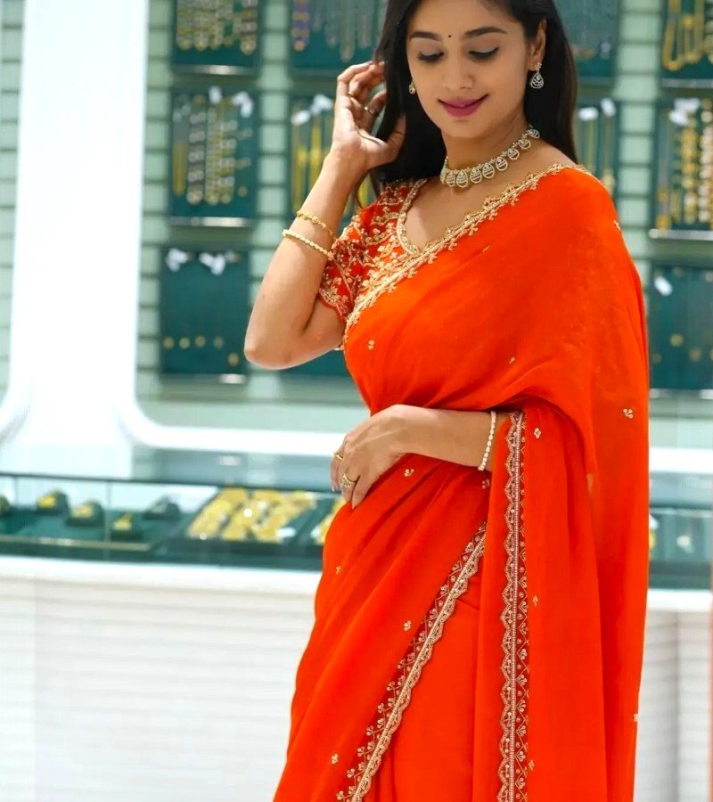 Classic Flame Orange Georgette Saree with Delicate Embellishments image 2
