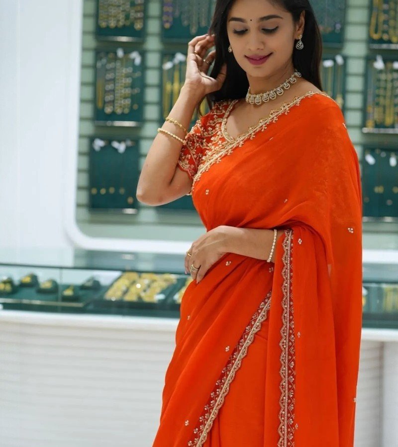 Classic Flame Orange Georgette Saree with Delicate Embellishments image 4