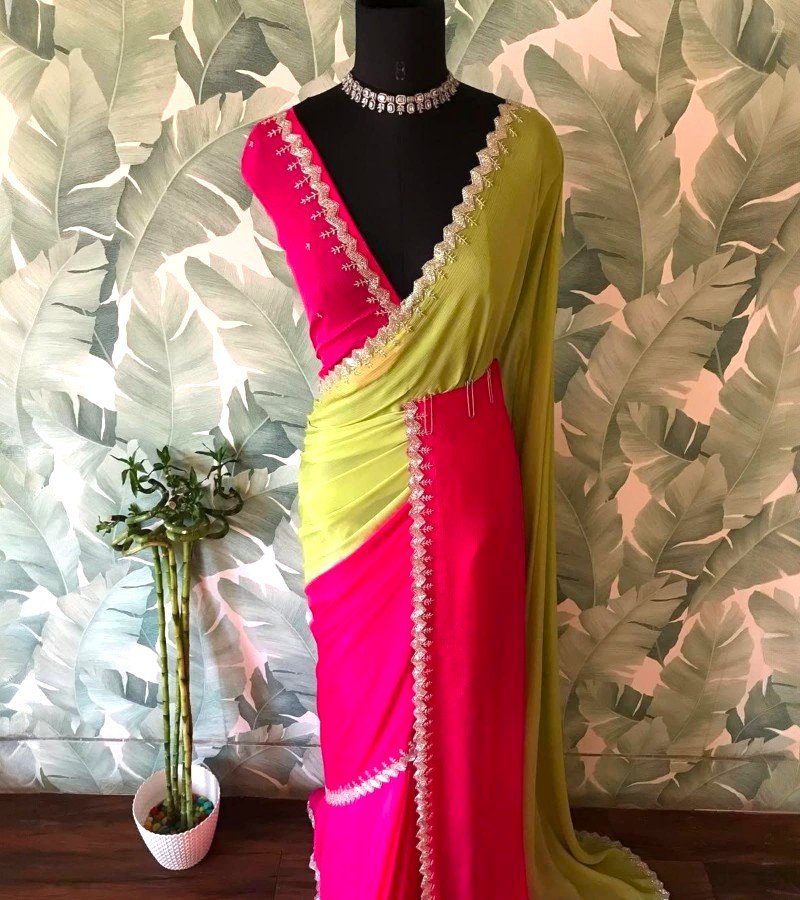 Lime &amp; Rani Pink Dual-Tone Designer Saree with Mirror Lace image 1