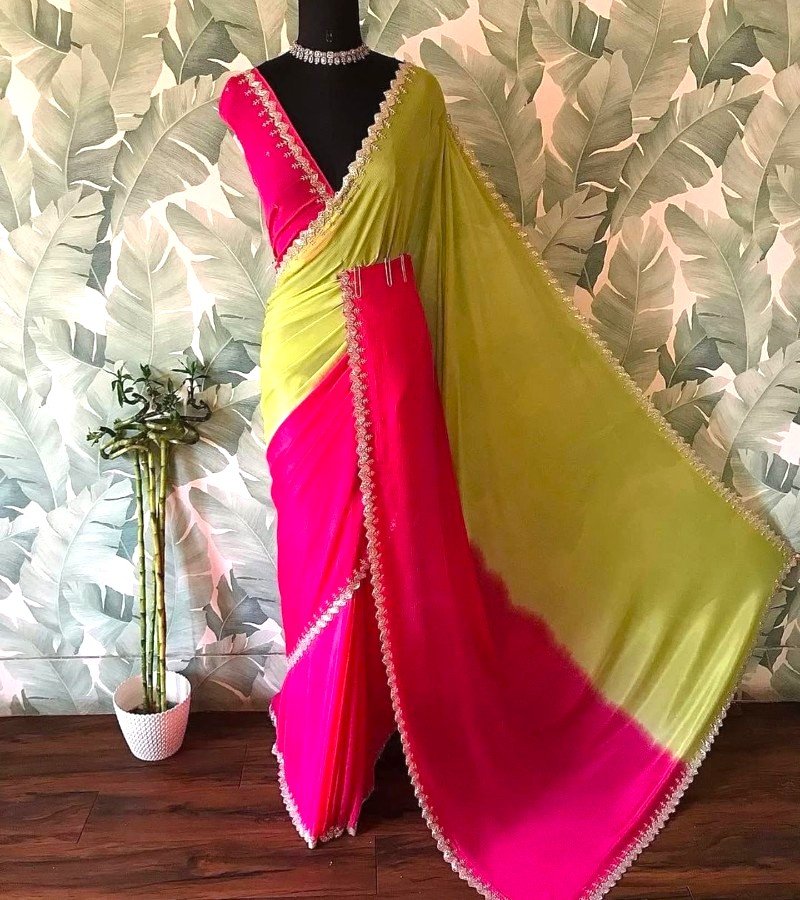 Lime &amp; Rani Pink Dual-Tone Designer Saree with Mirror Lace image 2