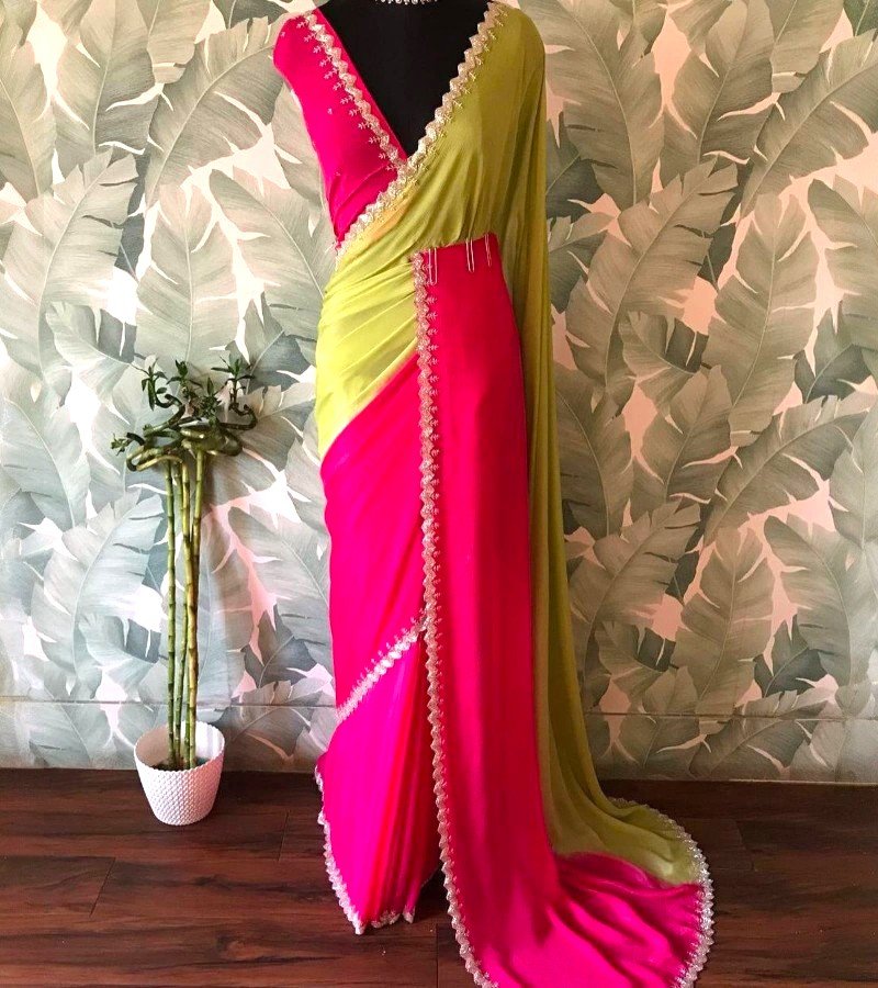 Lime &amp; Rani Pink Dual-Tone Designer Saree with Mirror Lace image 3