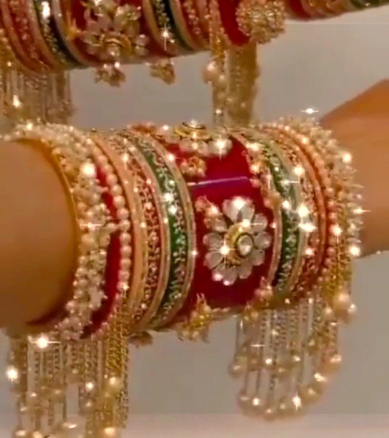 Royal Rajasthani Bridal Chooda Set with Pearl Hangings image 2