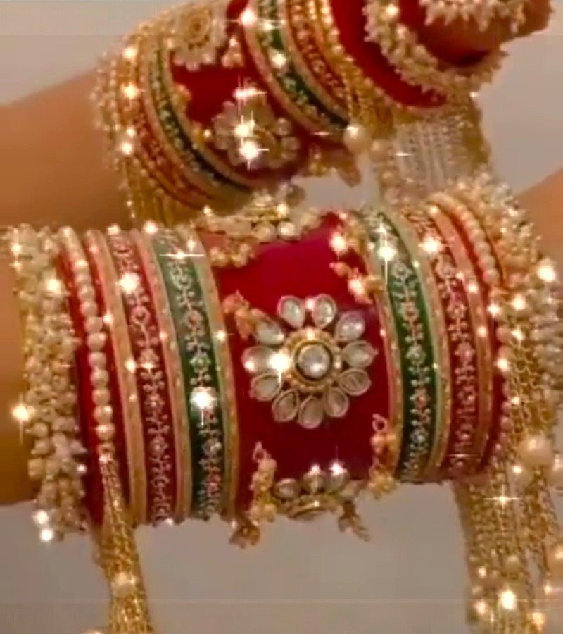 Royal Rajasthani Bridal Chooda Set with Pearl Hangings image 3