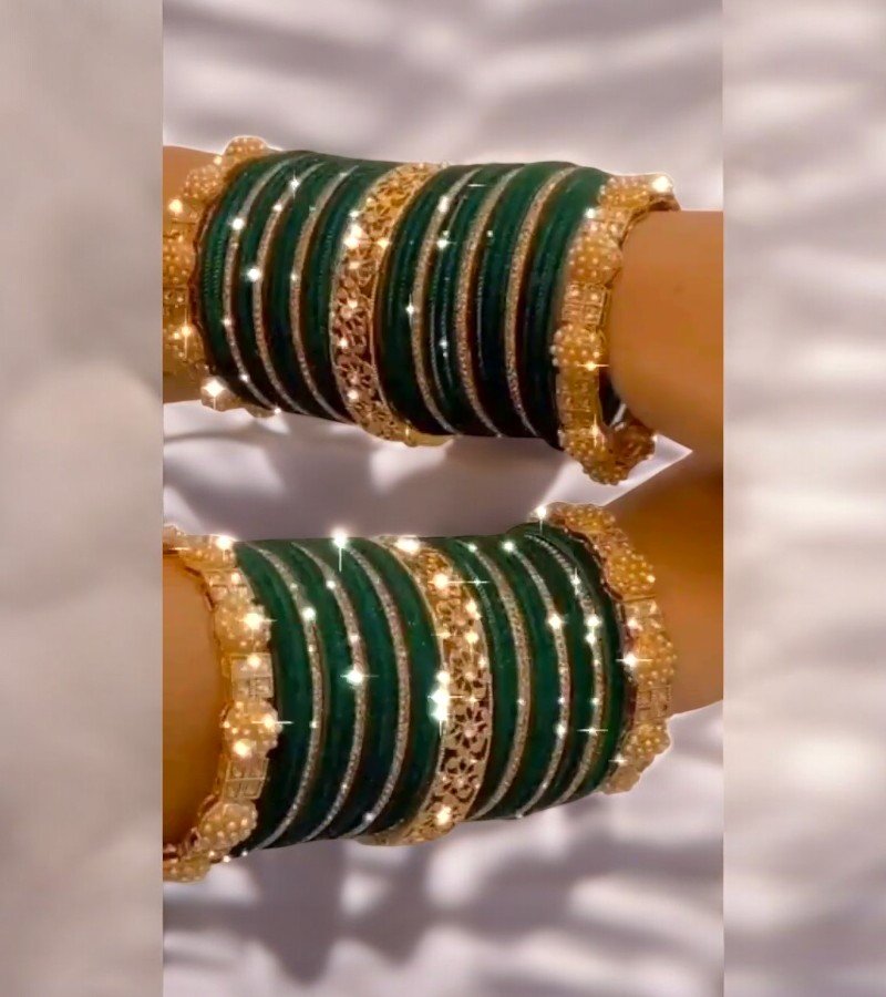 Emerald Glow Bridal Chooda Set with Golden Cutwork image 2