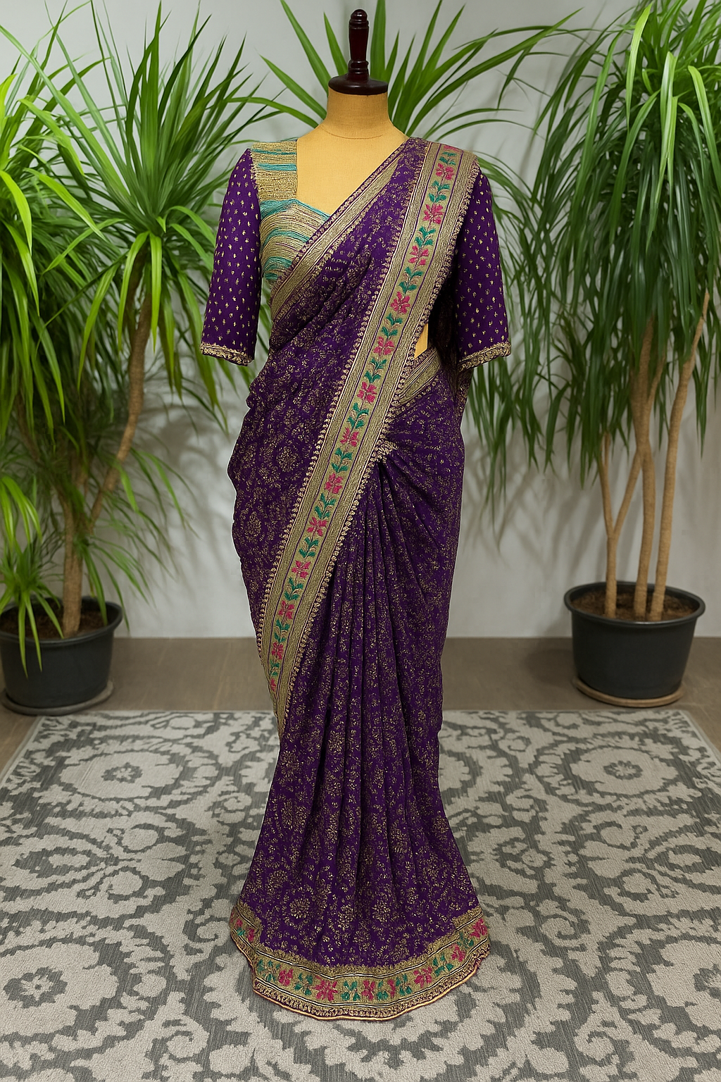 Royal Violet Banarasi Art Silk Saree with Floral Zari Border image 1