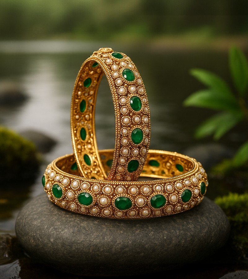 Royal Emerald &amp; Pearl Gold-Plated Bangles image 1