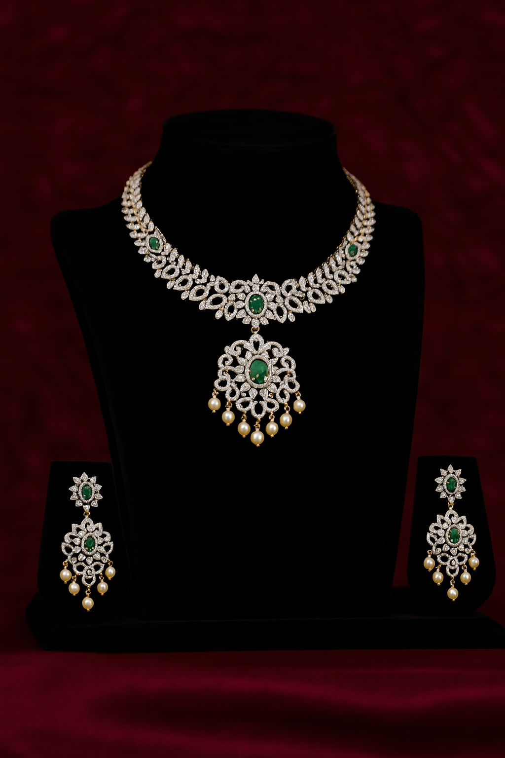Regal Emerald &amp; Pearl Designer Necklace Set image 1