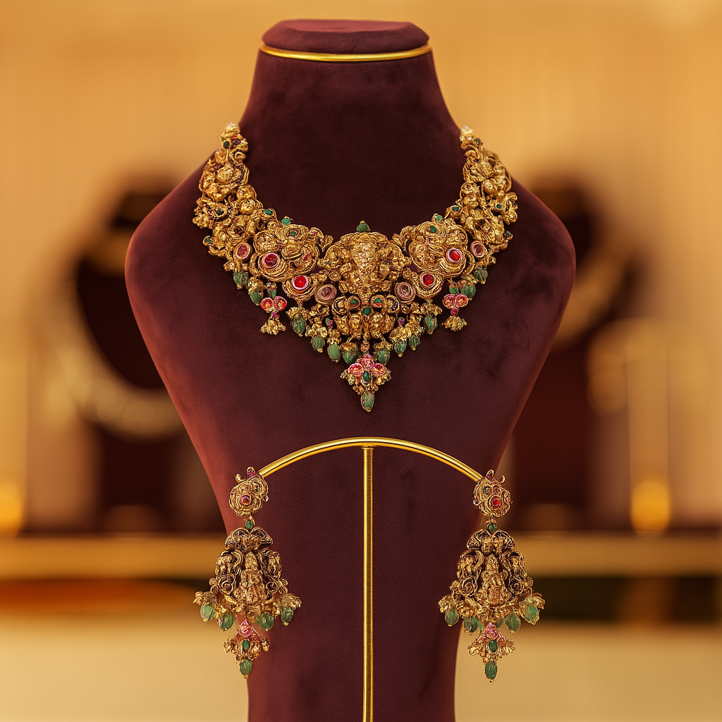 Temple Elegance Antique Gold Necklace Set image 1