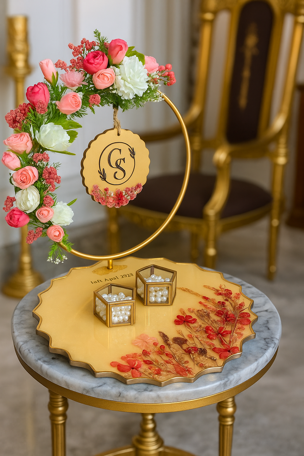 Floral Resin Engagement Ring Platter with Hanging Initials image 1