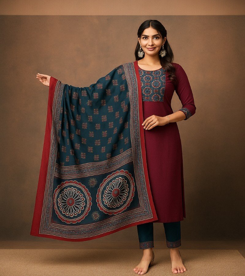 Maroon &amp;amp; Teal Handblock Printed Cotton Kurta Set image 1