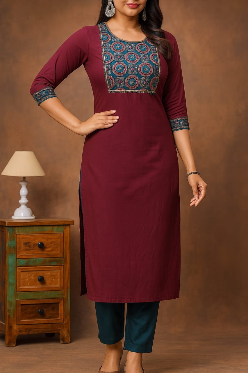Maroon &amp;amp; Teal Handblock Printed Cotton Kurta Set image 2