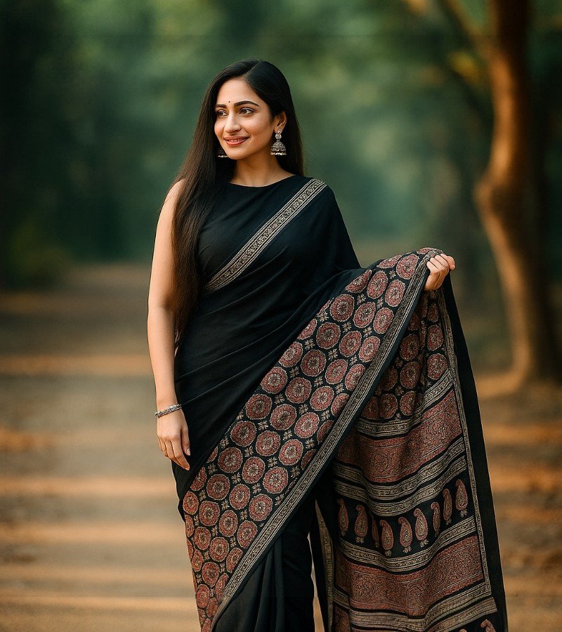 Elegant Black Ajrakh Print Cotton Saree image 1