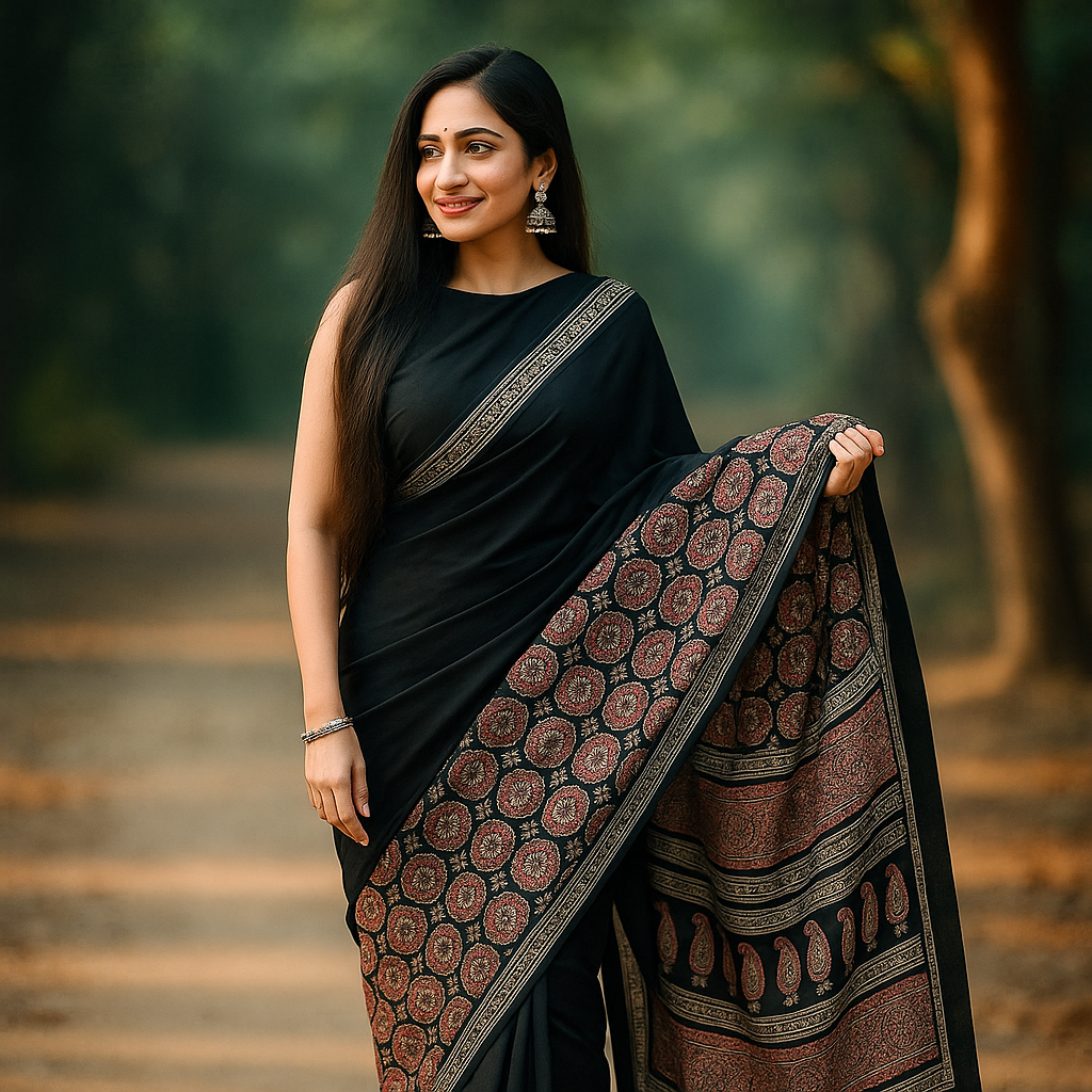 Elegant Black Ajrakh Print Cotton Saree image 2