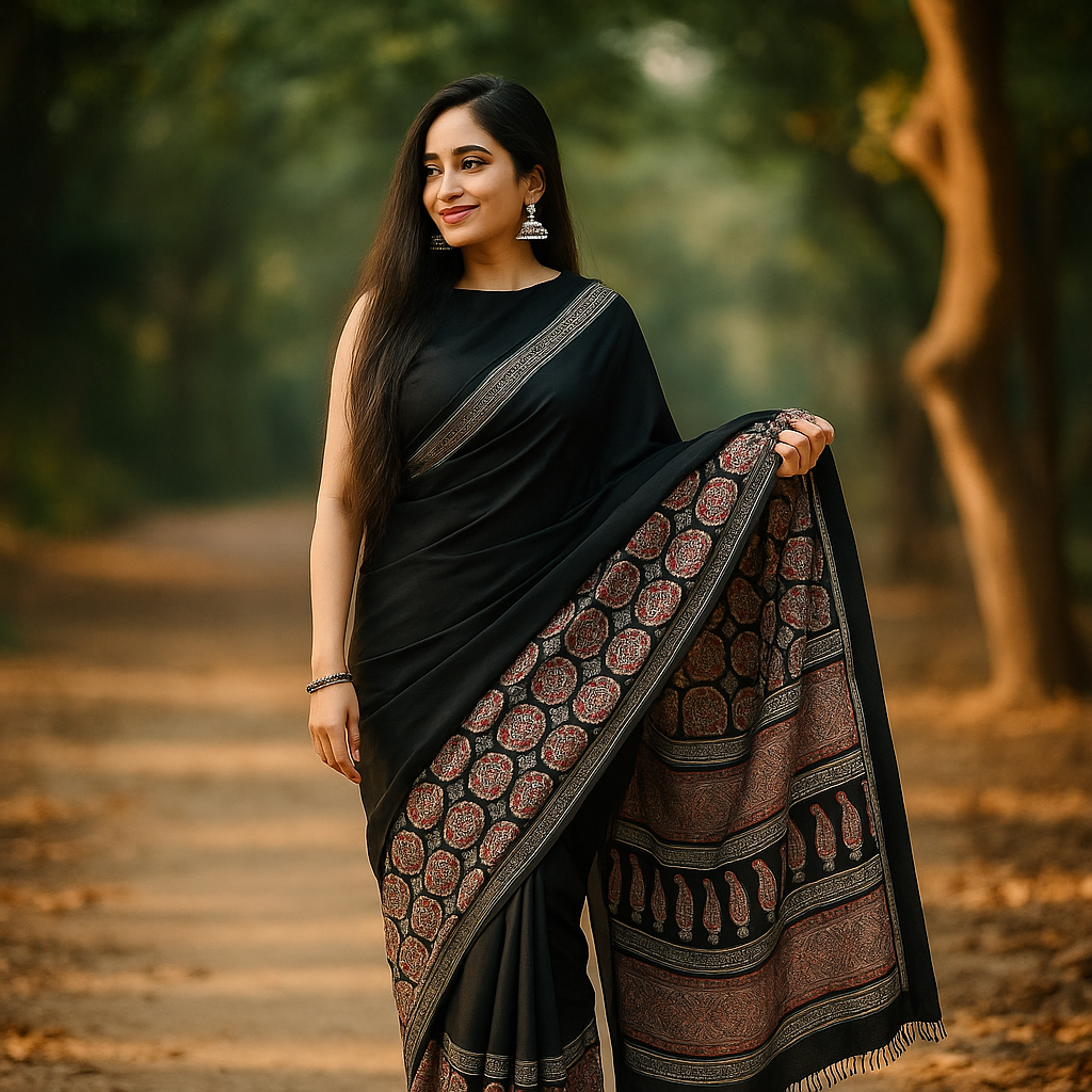 Elegant Black Ajrakh Print Cotton Saree image 4