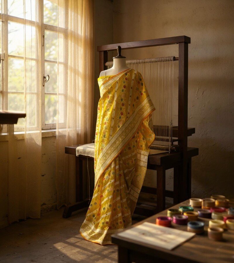 Mustard Yellow Handloom Banarasi Katan Silk Saree image 1