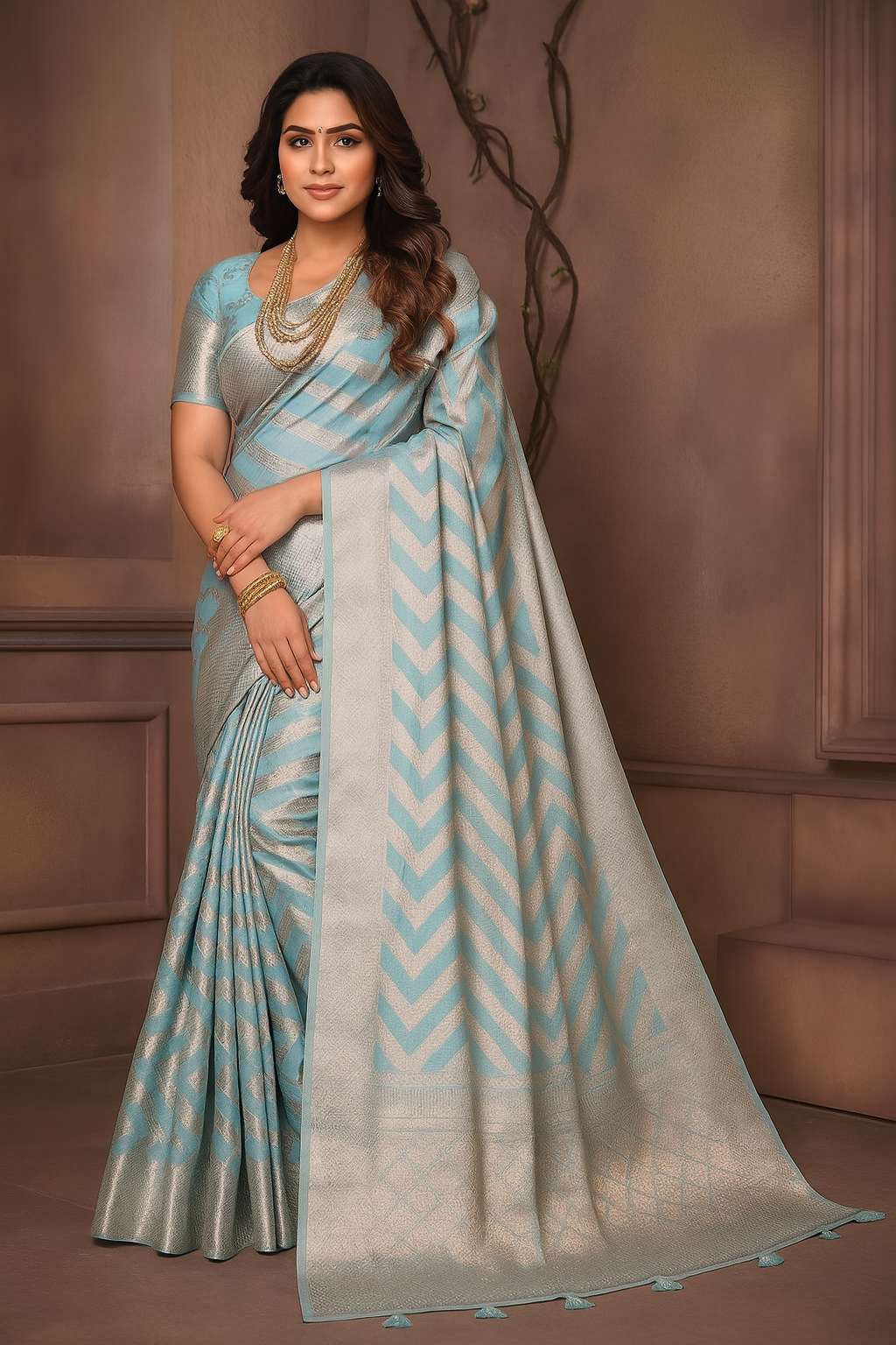 Elegant Sky Blue &amp;amp; Silver Soft Silk Saree image 1