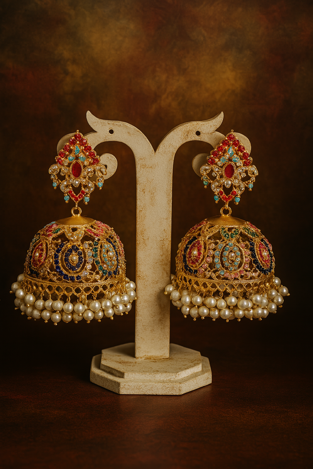 Royal Multicolor Stone Jhumka Earrings with Pearl Drops image 1