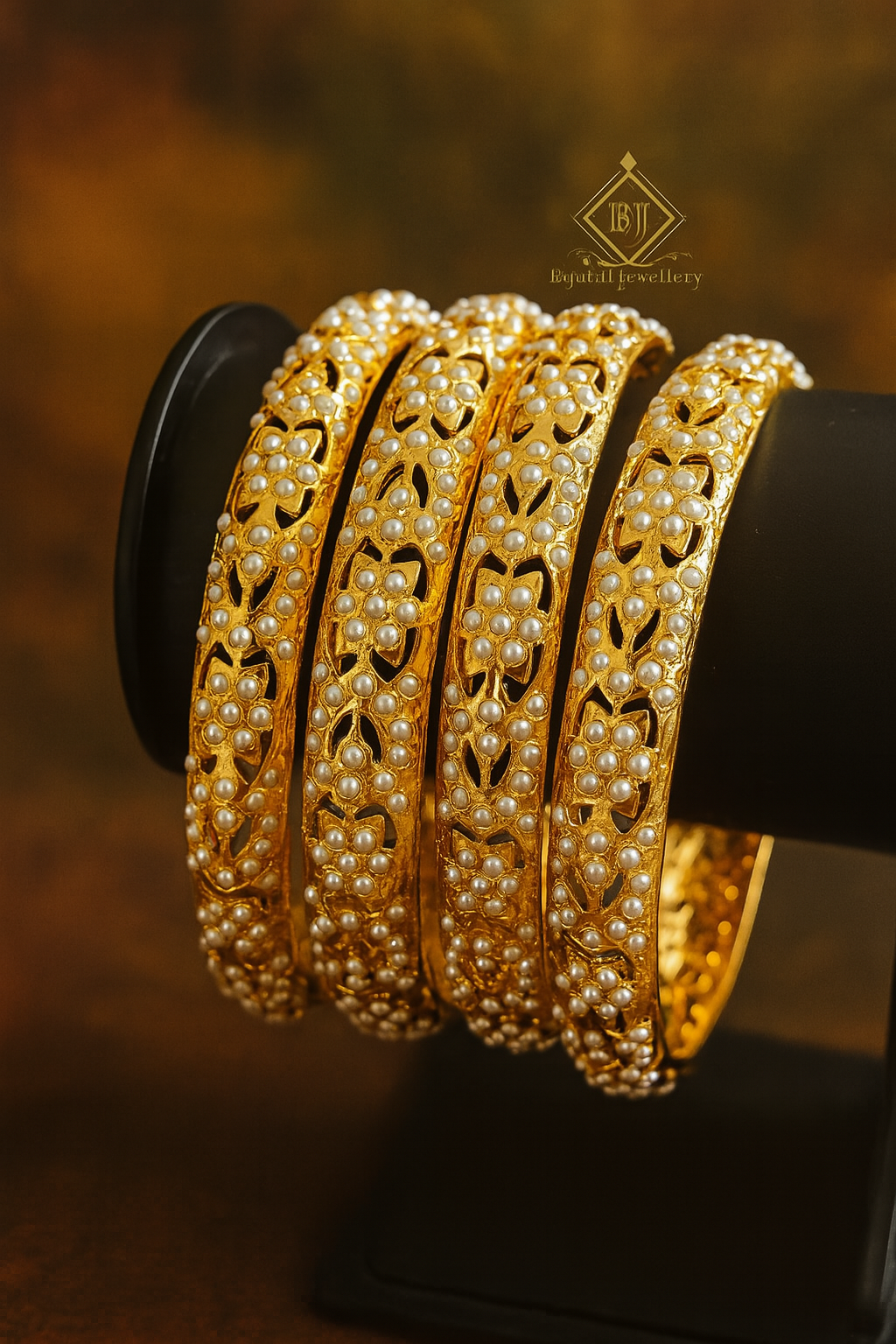 Antique Gold Pearl Floral Bangle Set image 1