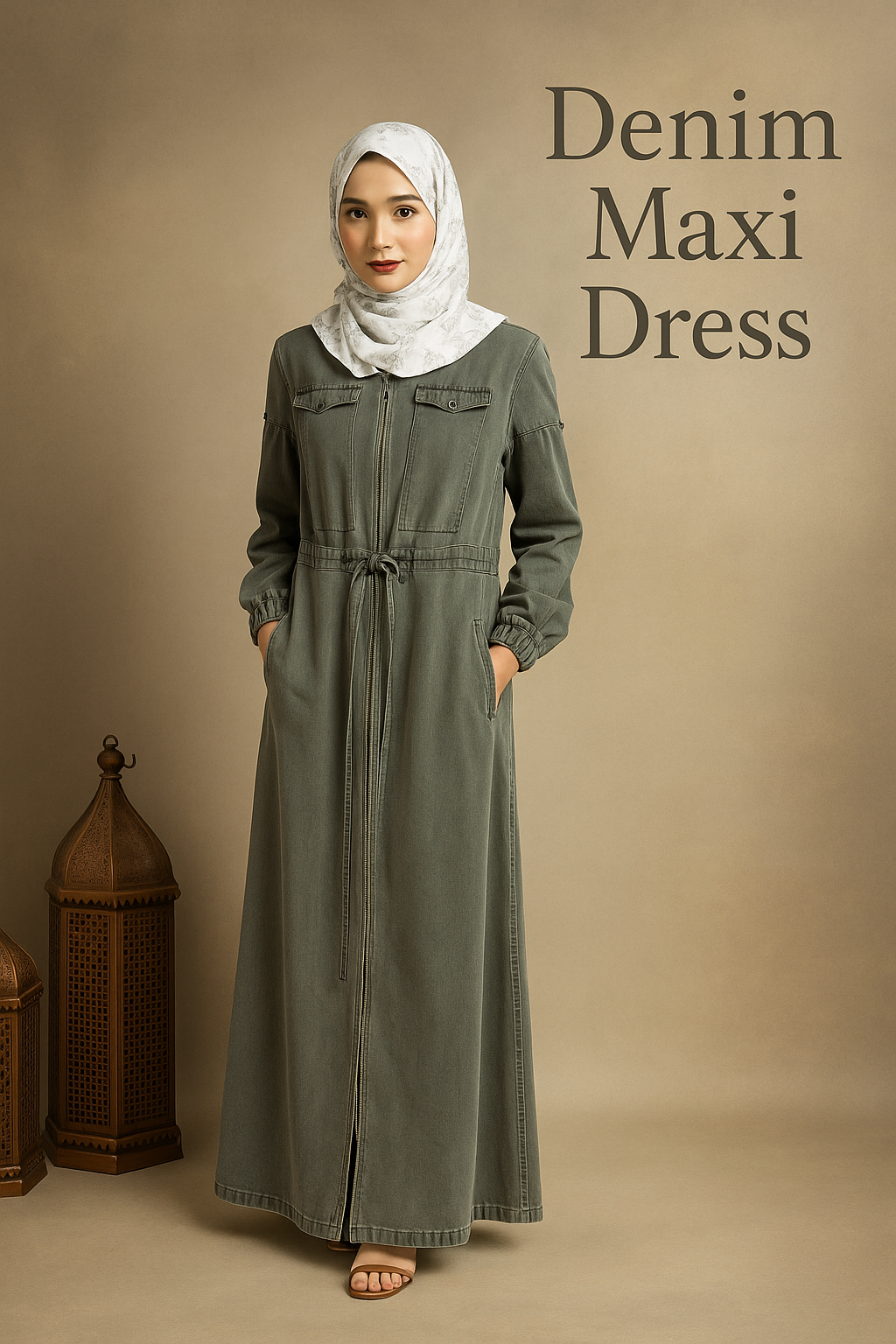 Denim Grey Front-Zip Abaya with Drawstring Waist image 1