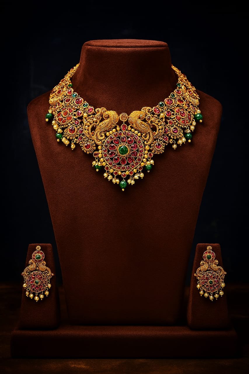 Royal Nakshi Peacock Temple Necklace Set image 1