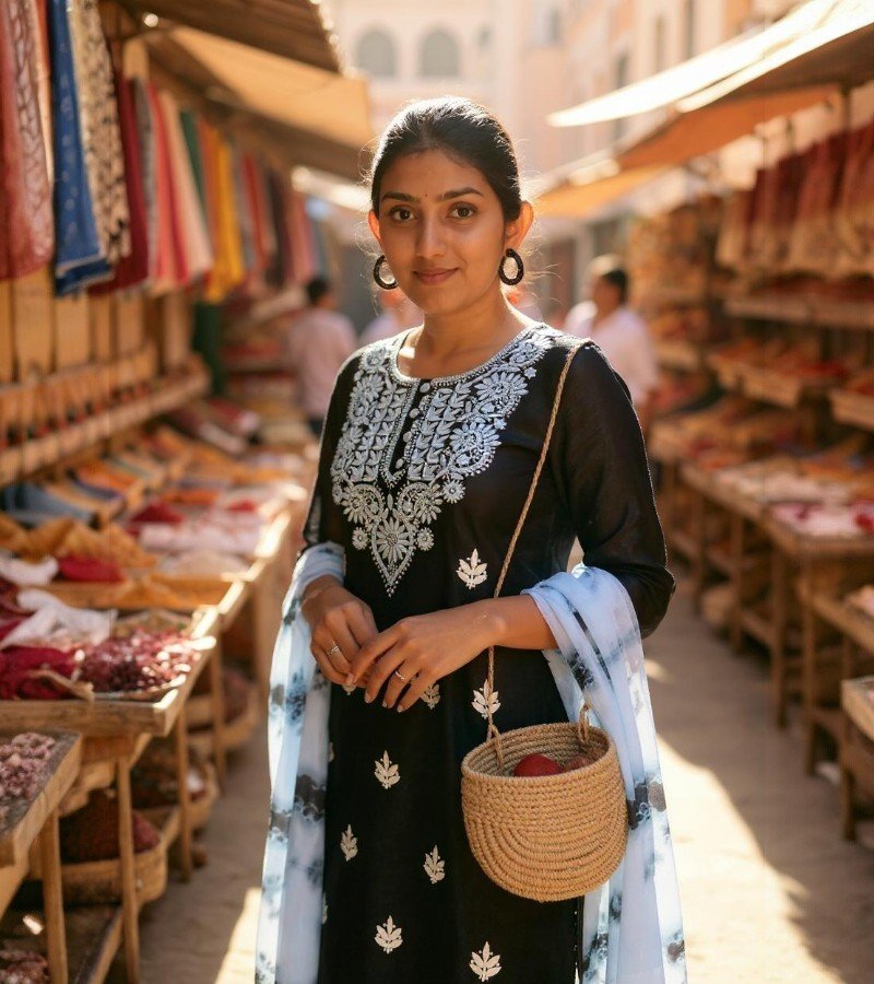 Elegant Black &amp; White Chikankari Kurthi Set image 2