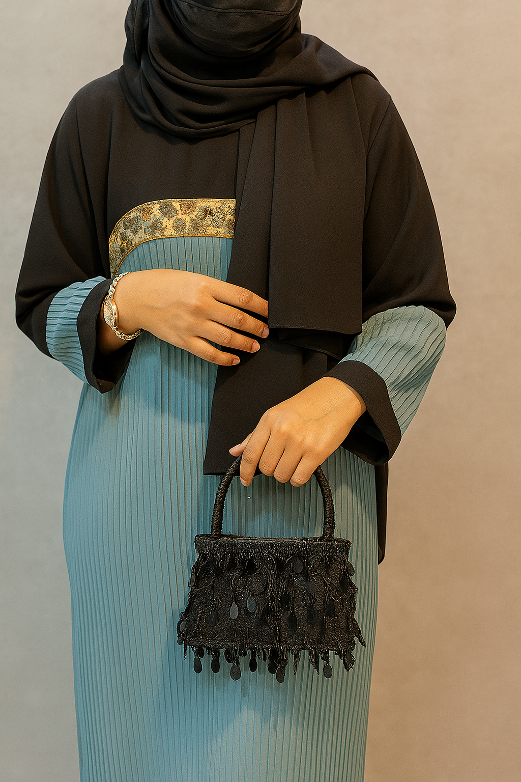 Pleated Modest Maxi Dress with Contrast Yoke image 1