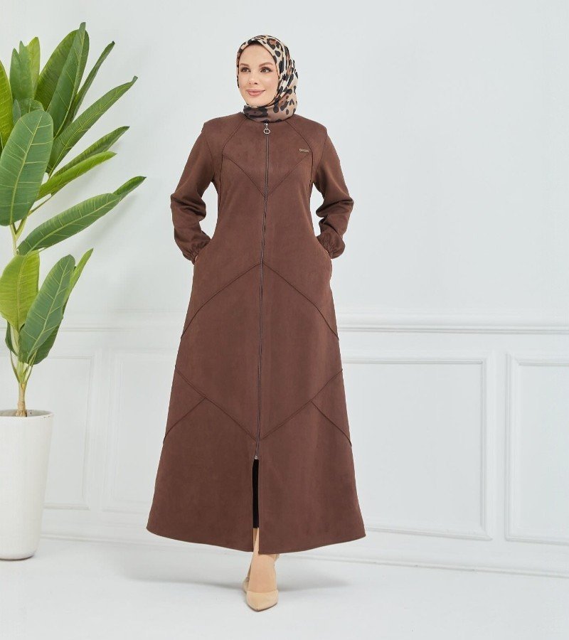 Classic Brown Zipper Abaya Coat image 1