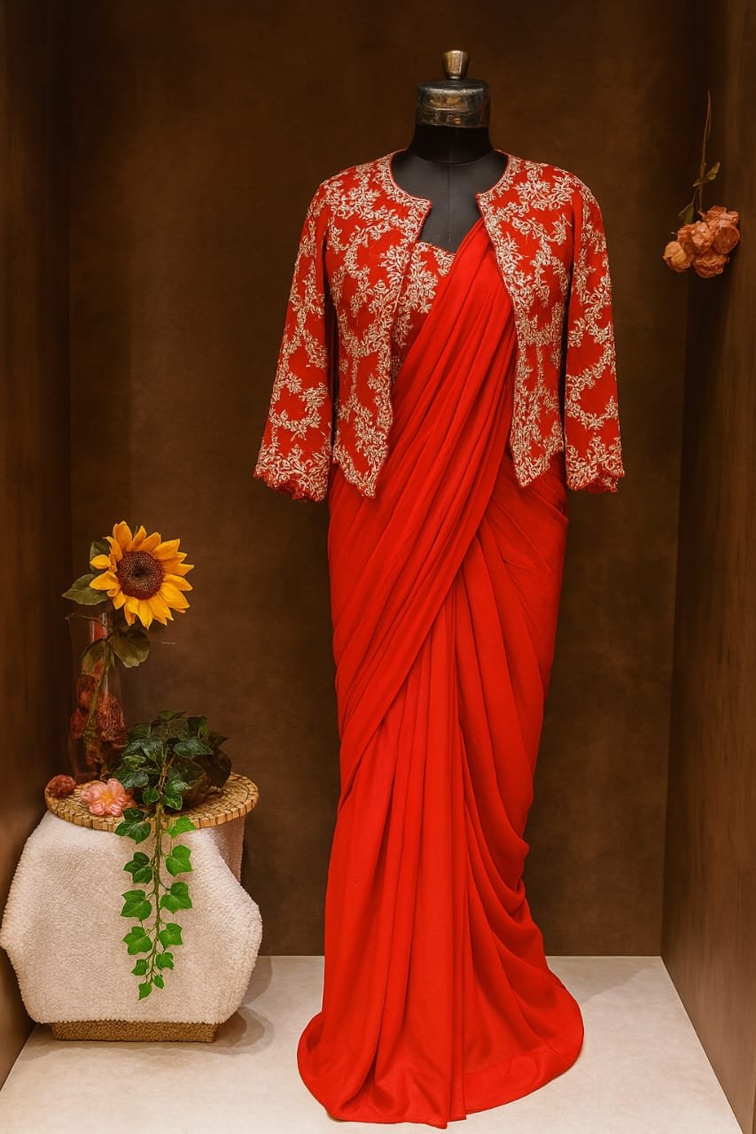 Red Saree with Embroidered Jacket image 1