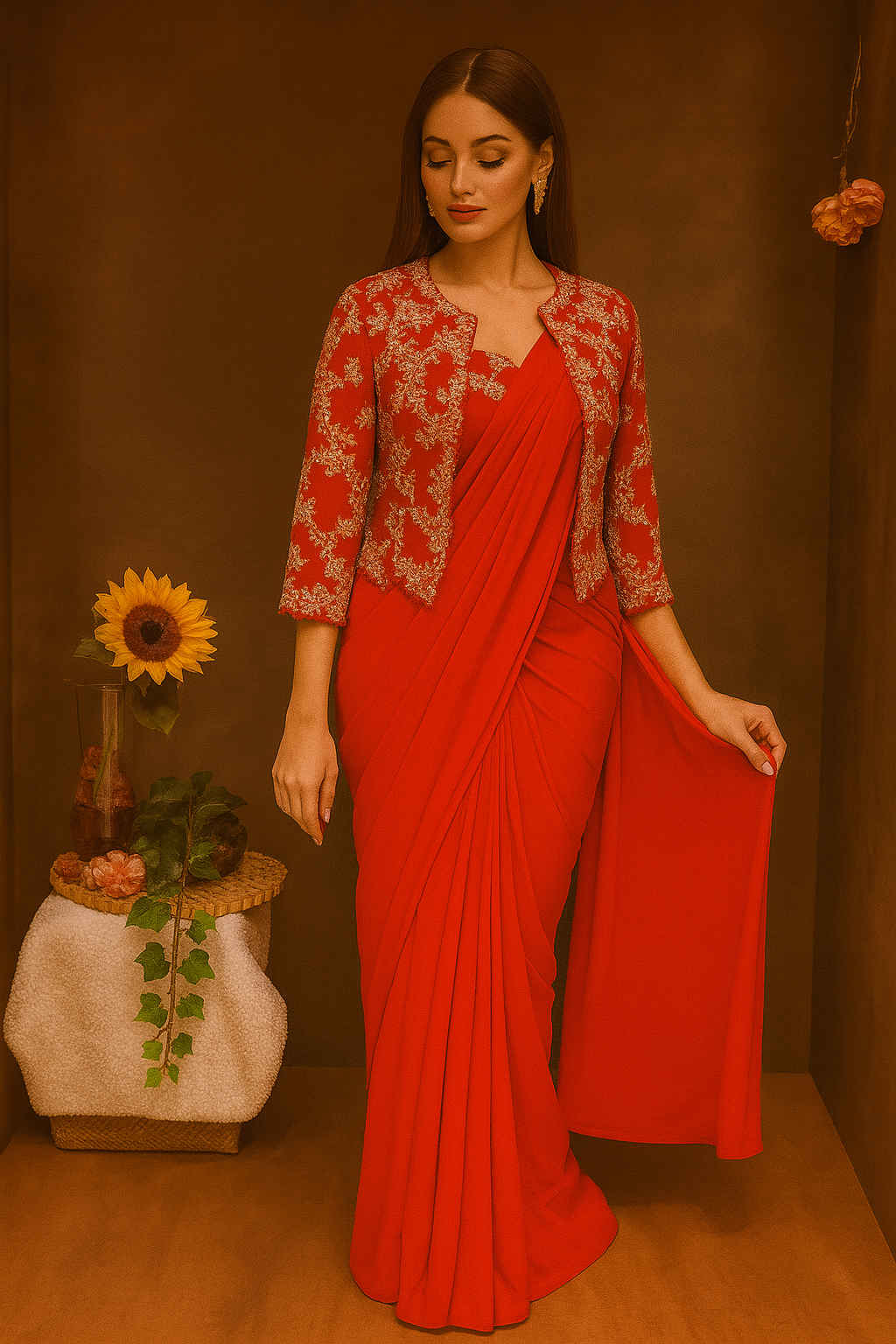 Red Saree with Embroidered Jacket image 2