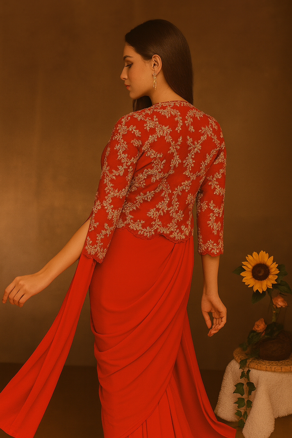 Red Saree with Embroidered Jacket image 3