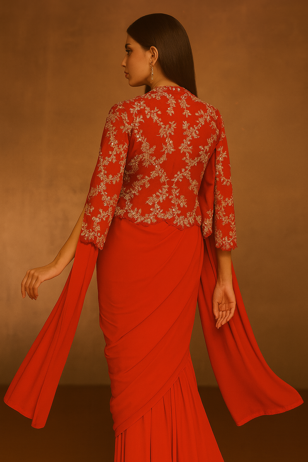 Red Saree with Embroidered Jacket image 4