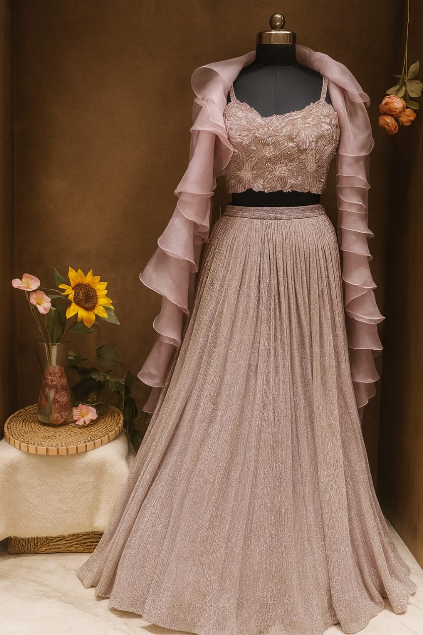 Rose Gold Embroidered Lehenga Choli with Ruffled Dupatta image 1