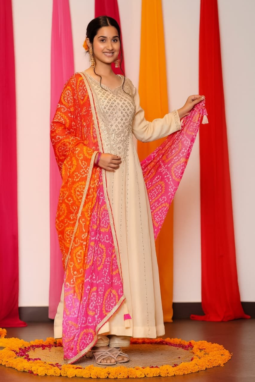 Cream Embroidery Kurti Set with Orange Dupatta image 1