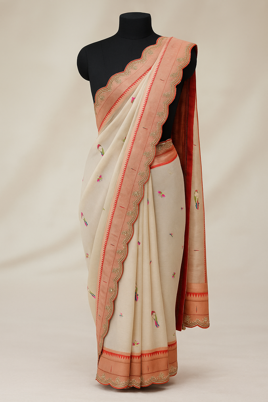 Ivory Parrot Embroidered Saree with Rose Gold Border image 1