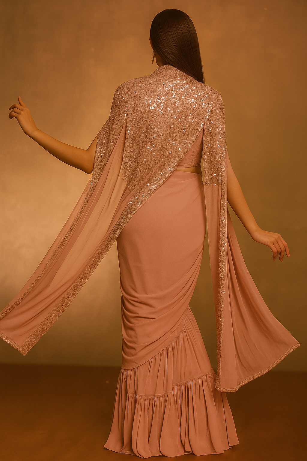 Blush Rose Sequin Pleated Saree with Cape image 3
