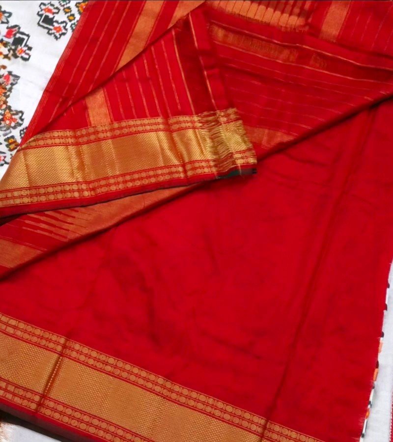 Ivory Ikat Print Saree with Red Zari Border image 1