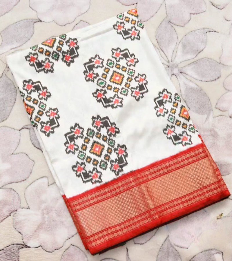 Ivory Ikat Print Saree with Red Zari Border image 2