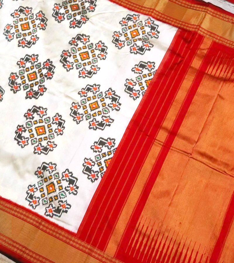 Ivory Ikat Print Saree with Red Zari Border image 3