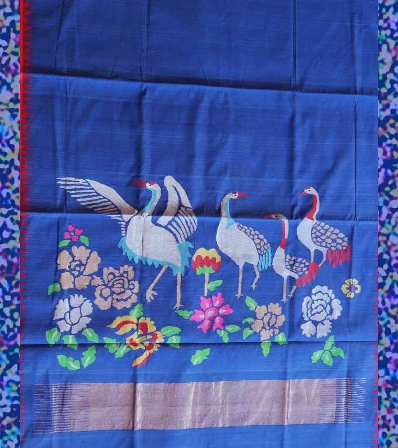 Royal Blue Ikat Crane Motif Handloom Saree image 1