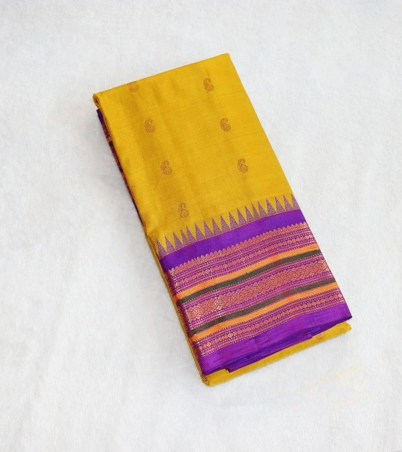 Mustard Yellow with Purple Zari Border Soft Silk Saree image 1