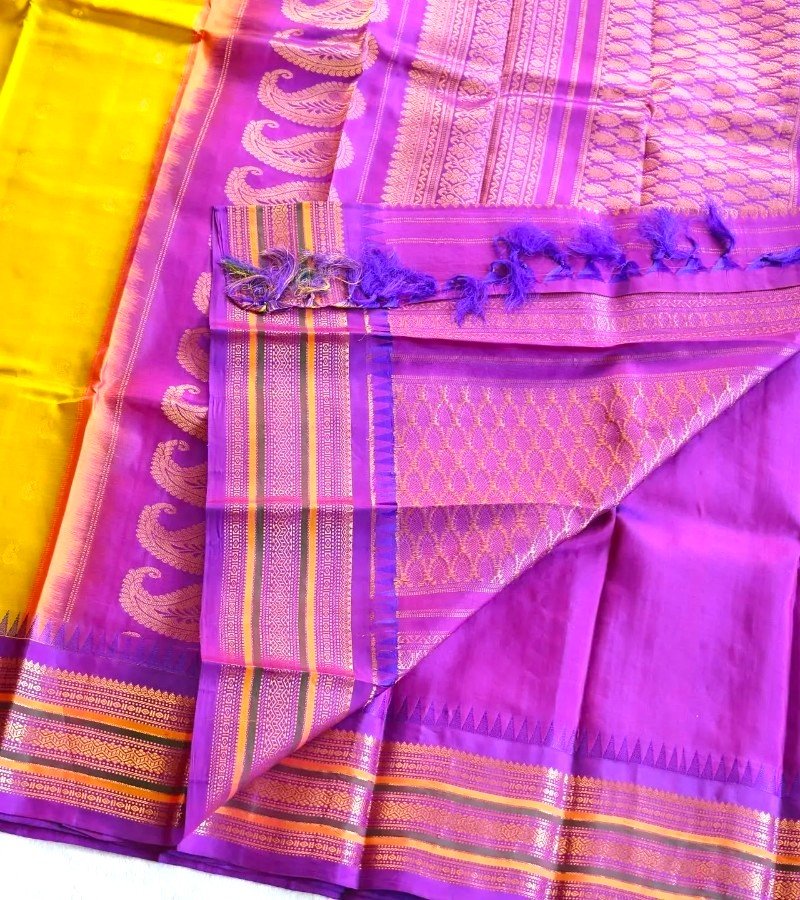 Mustard Yellow with Purple Zari Border Soft Silk Saree image 2